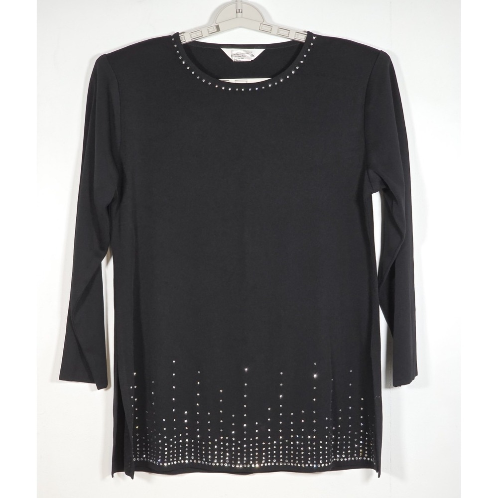 Misook Women Large Tunic Black Rhinestone Accent Knit Top Sleeve Pullover Blouse